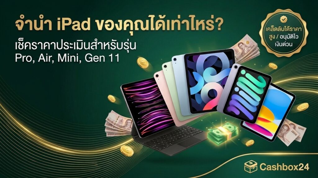 รูปหน้าปกบทความเช็กราคาประเมินจำนำ iPad รุ่น Pro, Air, Mini และ Gen 11 เปลี่ยนไอแพดเป็นเงินสดที่ Cashbox24